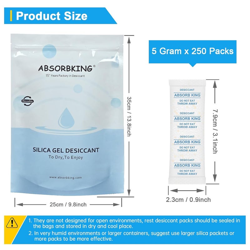 Absorbking Moisture Absorbers – 250 Packs 5 Gram Silica Gel Packs Food Grade Desiccant Packs, Premium Desiccant Packets for Storage, Color Indicating Silica Gel for Spices, Jewelry, Shoes, Electronics, Tool Box - Image 2